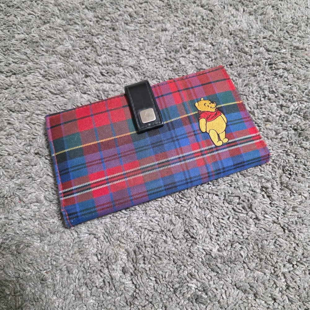 Vintage Disney Store Winnie The Pooh Trifold Wallet Red Blue Plaid Embroidered